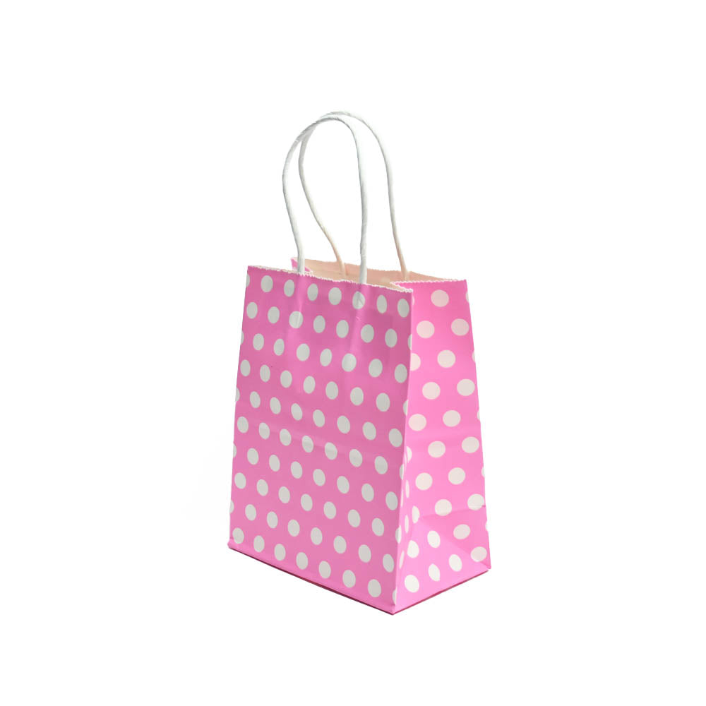 12 Bolsas Colores Kraft 11x14x6cm Boutique Cumpleaños con Asa Color: Rosa con Puntos