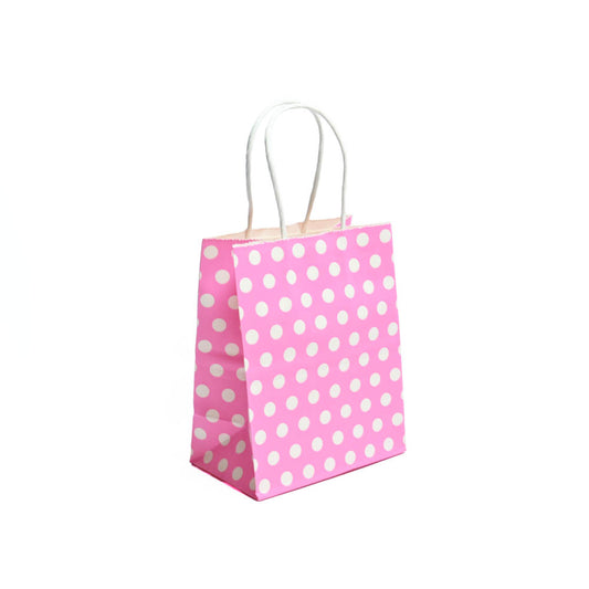12 Bolsas Colores Kraft 11x14x6cm Boutique Cumpleaños con Asa Color: Rosa con Puntos